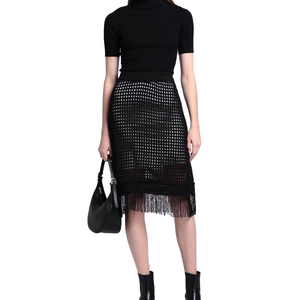 Pinko Black Open Weave Knit Midi Skirt Fringe Hem – See Measurements
